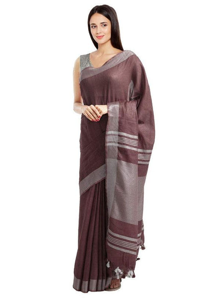 Bolus Brown women's Bhagalpuri Handloom Blend Linen-Cotton Saree With Running Unstiched Blouse Piece_Free Size_Variation Of Colors