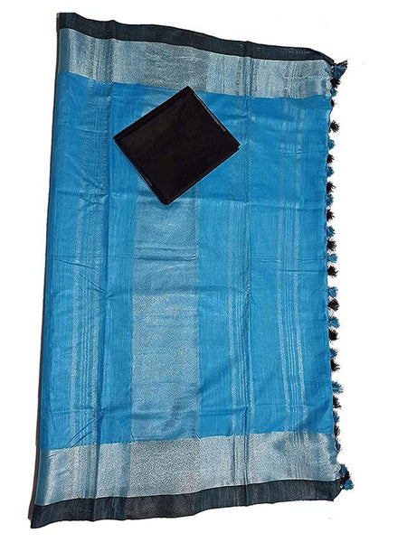 Cyan Bhagalpuri Handloom women's Linen Slub Blend Saree With Black Pipin Contrast Blouse Piece - View 5