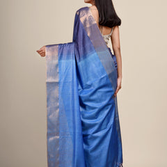 Munga Silk Tussar Blend Bhagalpuri Handloom Moonstone Egyptian Blue & Havlek Blue Saree - View 5