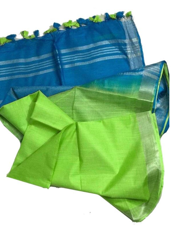 Pacific Cyan & Neon Green women's Bhagalpuri Ethnic Wear Handloom Cotton Linen Blend Zari Border Two Dye Saree With Running Unstitched Blouse Piece