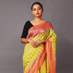 Striped Handloom Semi Tussar Silk Bhagalpuri Two Dye Saree (Wallte_Yellow & Jaffy_Orange) - View 4