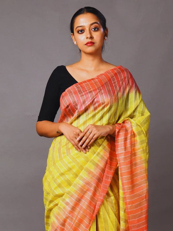 Striped Handloom Semi Tussar Silk Bhagalpuri Two Dye Saree (Wallte_Yellow & Jaffy_Orange) - View 4