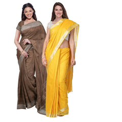 Brown & Yellow women's Bhagalpuri Handloom Cotton-Linen Blend Saree Combo (Pack Of 2) With Running Unstiched Blouse Piece