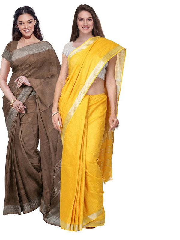Brown & Yellow women's Bhagalpuri Handloom Cotton-Linen Blend Saree Combo (Pack Of 2) With Running Unstiched Blouse Piece