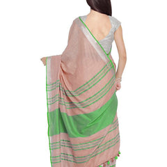 Tea Rose Pink-Green women's Bhagalpuri Handloom Cotton Linen Blend Contrast Pallu Saree And Unstitched Contrast Blouse Piece - View 3