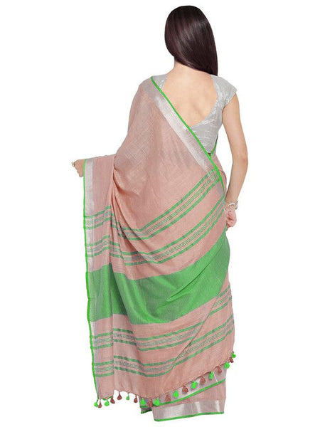 Tea Rose Pink-Green women's Bhagalpuri Handloom Cotton Linen Blend Contrast Pallu Saree And Unstitched Contrast Blouse Piece - View 3