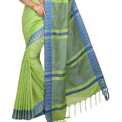 Green women's Bhagalpuri Handloom Kota Silk Temple Border Saree And Variation Of Colors With Striped Blouse Piece - View 3