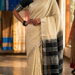 Elegant Linen Cotton Blend Saree for WDS | Cream Saree with Contrast Woven Pallu & Silver Zari Border | Traditional Ethnic Wear - View 3