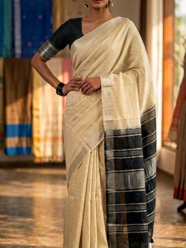 Elegant Linen Cotton Blend Saree for WDS | Cream Saree with Contrast Woven Pallu & Silver Zari Border | Traditional Ethnic Wear - View 3