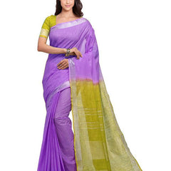 Lilac Purple & Olive Green women's Handloom Bhagalpuri Cotton Slub Blend Two Dye Saree With Running Unstitched Blouse Piece