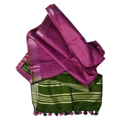 Dark Moss Green & Mulberry Pink women's Ethnic Wear Bhagalpuri Handloom Cotton Slub Blend Two Dye Saree With Running Unstitched Blouse Piece - View 3