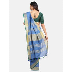 Linen Cotton Blend Contrast Handloom Bhagalpuri Saree for Women (Gold-Cove_Blue-Dark Green ) - View 3