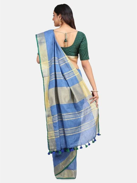 Linen Cotton Blend Contrast Handloom Bhagalpuri Saree for Women (Gold-Cove_Blue-Dark Green ) - View 3