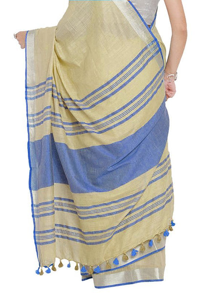 Ashamed Tan-Cyan women's Bhagalpuri Handloom Cotton Linen Blend Contrast Pallu Saree And Unstitched Contrast Blouse Piece - View 5
