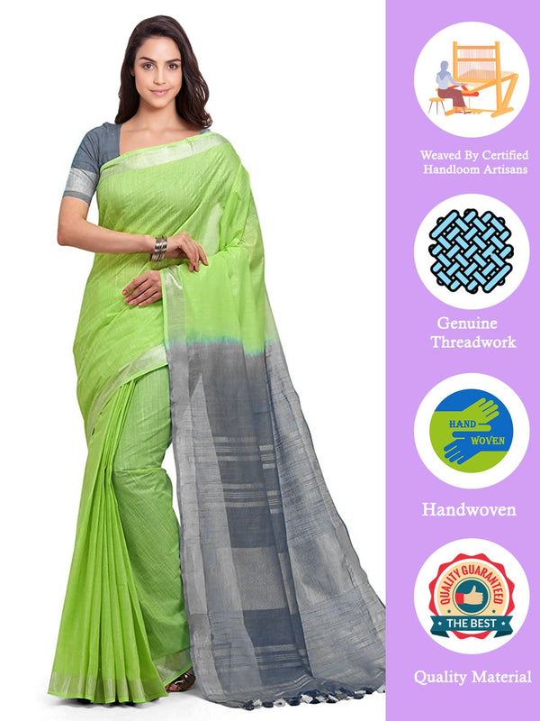 Lawn Green & Grey women's Handloom Bhagalpuri Linen Blend Two Dye Saree With Running Unstitched Blouse Piece - View 2
