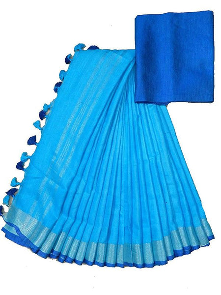 Cyan-Blue women's Handloom Bhagalpuri Cotton Linen Blend Saree Ethnic Wear With Contrast Unstitched Blouse Piece