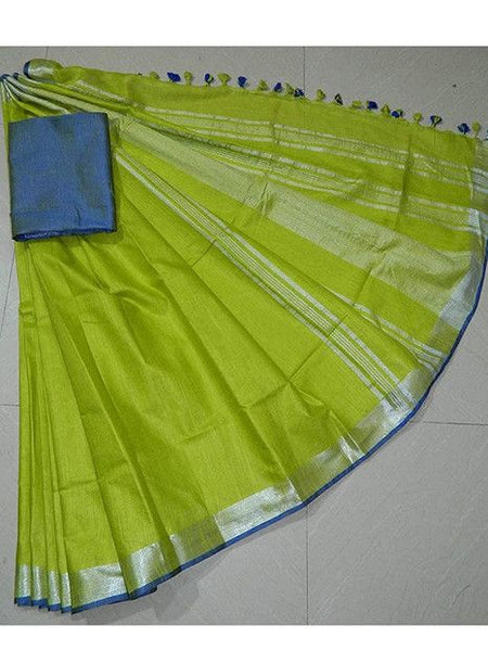 Green-Blue women's Handloom Bhagalpuri Linen Cotton Blend Saree Ethnic Wear With Contrast Unstitched Blouse Piece - View 4