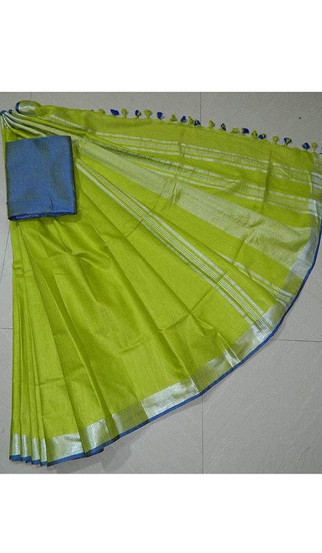 Green-Blue women's Handloom Bhagalpuri Linen Cotton Blend Saree Ethnic Wear With Contrast Unstitched Blouse Piece - View 4