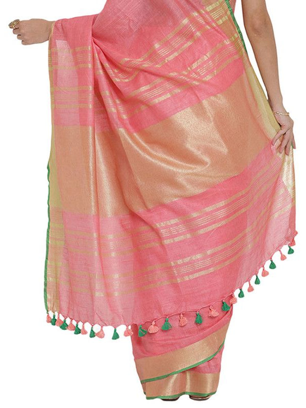 Flamingo Pink women's Bhagalpuri Handloom Cotton Linen Blend Saree With Contrast Unstiched Blouse Piece - View 3
