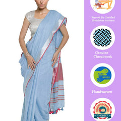 Powder Blue-Pink women's Bhagalpuri Handloom Cotton Linen Blend Contrast Pallu Saree And Unstitched Contrast Blouse Piece - View 2