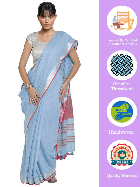 Powder Blue-Pink women's Bhagalpuri Handloom Cotton Linen Blend Contrast Pallu Saree And Unstitched Contrast Blouse Piece - View 2
