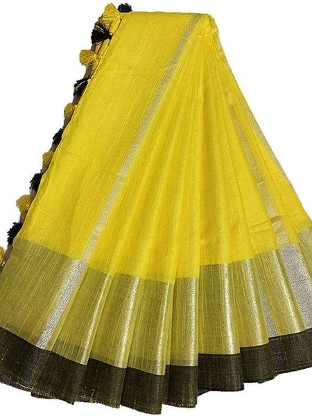 Yellow Bhagalpuri Handloom women's Linen Slub Blend Saree With Black Pipin Contrast Blouse Piece