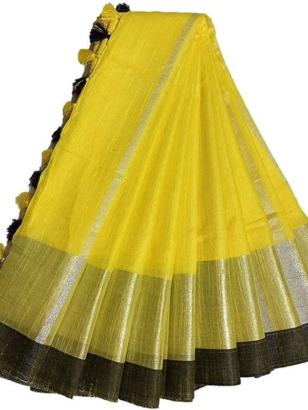 Yellow Bhagalpuri Handloom women's Linen Slub Blend Saree With Black Pipin Contrast Blouse Piece