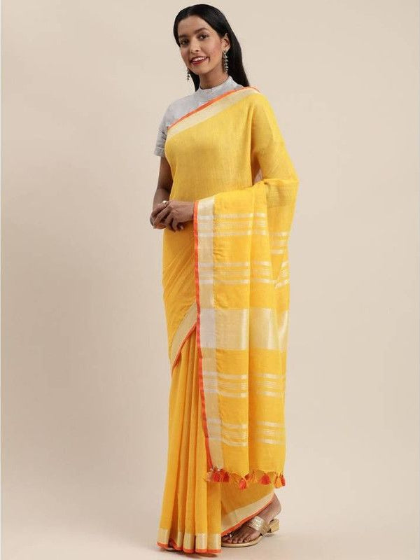 Handloom Linen Cotton Blend Contrast Bhagalpuri Saree for Women (Canary_Yellow-Orange)