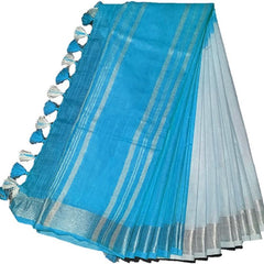 Vivid Sky Blue women's Bhagalpuri Linen-Slub Blend Two Dye Saree With Blouse Piece