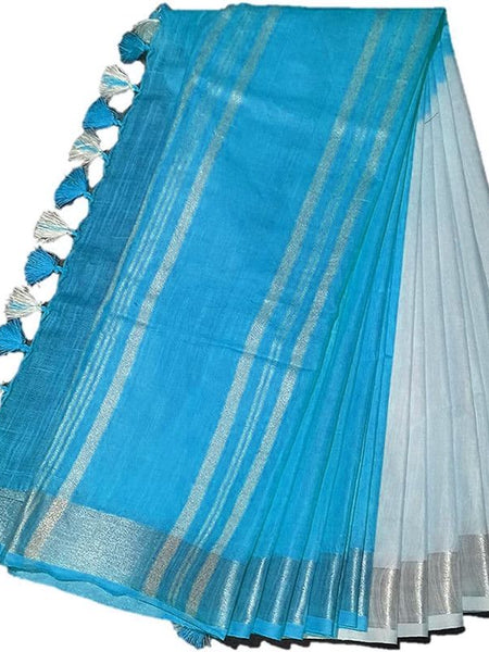 Vivid Sky Blue women's Bhagalpuri Linen-Slub Blend Two Dye Saree With Blouse Piece