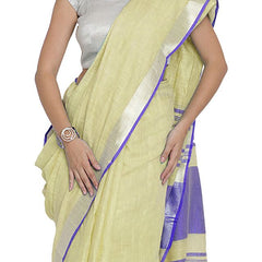 Primrose Yellow-Blue women's Bhagalpuri Handloom Cotton Linen Blend Contrast Pallu Saree And Unstitched Contrast Blouse Piece - View 2