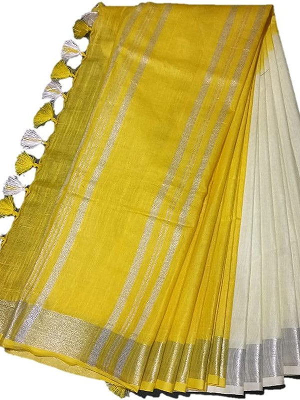 Cirine Yellow women's Bhagalpuri Linen-Slub Blend Two Dye Saree With Blouse Piece