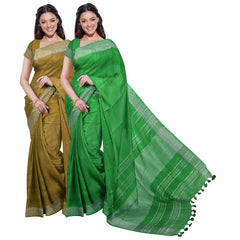 Olive Green & Pigment Green women's Bhagalpuri Handloom Cotton-Linen Blend Saree Combo (Pack Of 2) With Running Unstiched Blouse Piece