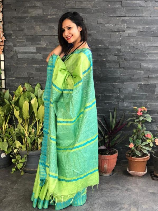 Bhagalpuri Handloom Kota Silk Temple Border Saree And Variation Of Colors With Striped Blouse Piece - View 6