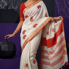 Handwoven Bhagalpuri Linen Blend Embroidered Saree Golden Zari Border With Contrast Blouse Piece(White_Red)