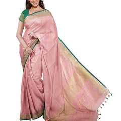 Baby Pink women's Bhagalpuri Handloom Cotton Linen Blend Saree With Contrast Unstiched Blouse Piece - View 5