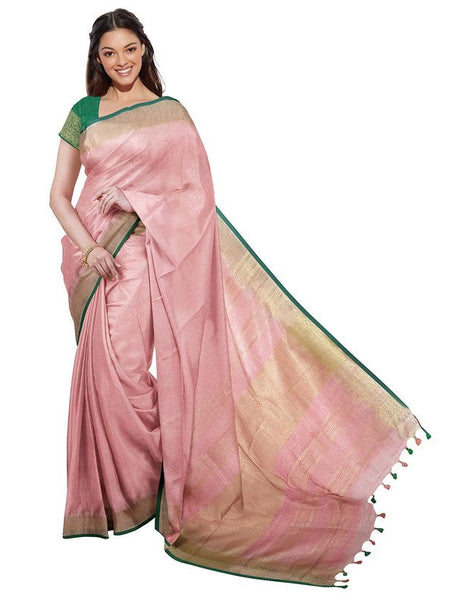 Baby Pink women's Bhagalpuri Handloom Cotton Linen Blend Saree With Contrast Unstiched Blouse Piece - View 5