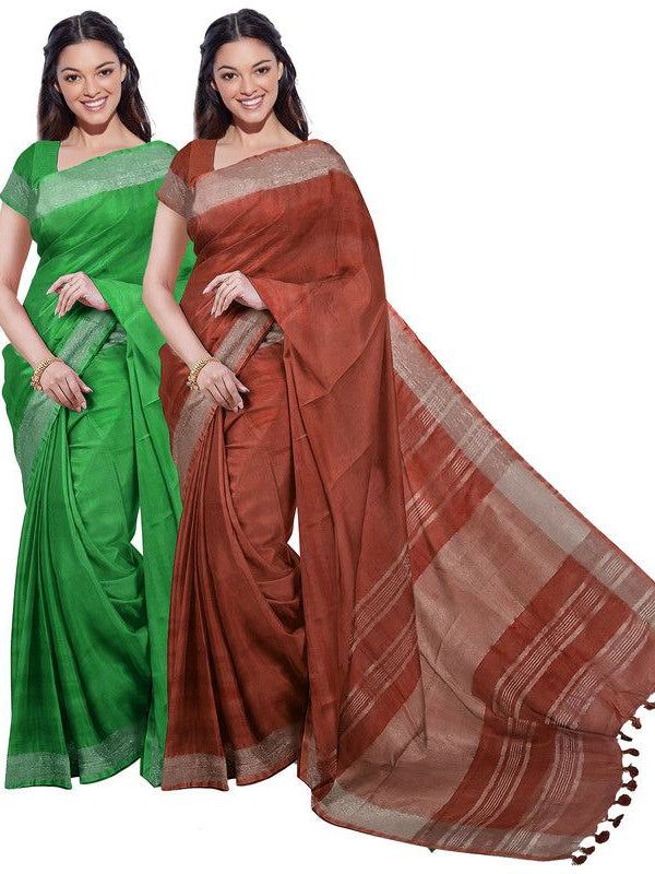 Pigment Green & Sienna Orange women's Bhagalpuri Handloom Cotton-Linen Blend Saree Combo (Pack Of 2) With Running Unstiched Blouse Piece