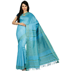 Moonstone Cyan women's Bhagalpuri Handloom Kota Silk Temple Border Saree And Variation Of Colors With Striped Blouse Piece