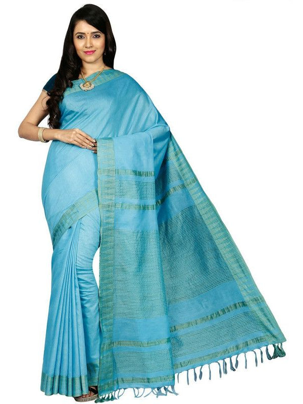 Moonstone Cyan women's Bhagalpuri Handloom Kota Silk Temple Border Saree And Variation Of Colors With Striped Blouse Piece