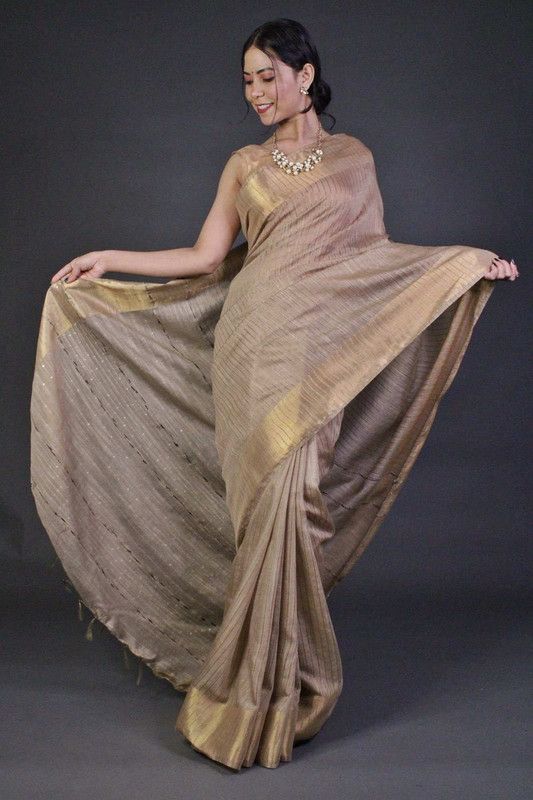 Bhagalpuri Handloom Silk Striped Sequins Saree with Blouse Piece (Brown) - View 2