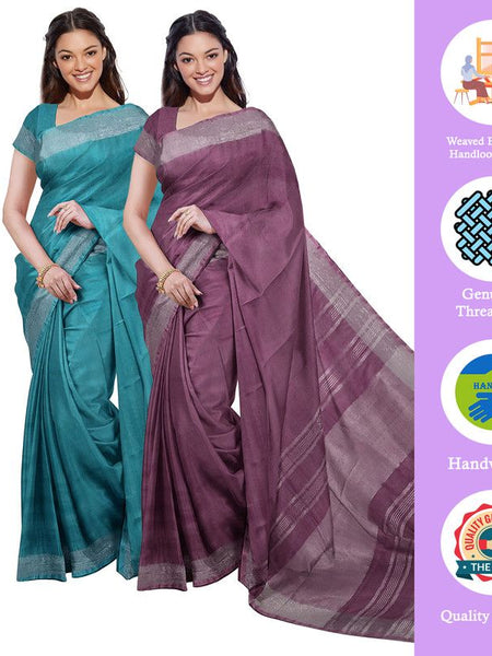 Bhagalpuri Handloom Cotton-Linen Blend Saree Combo (Pack Of 2) With Running Unstiched Blouse Piece