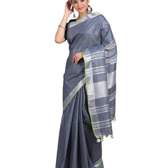 Linen Cotton Blend Contrast Handloom Bhagalpuri Saree (Grey-Parrot_Green)