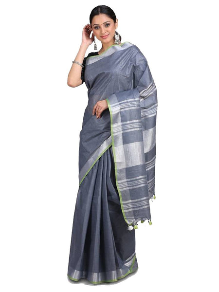 Linen Cotton Blend Contrast Handloom Bhagalpuri Saree (Grey-Parrot_Green)