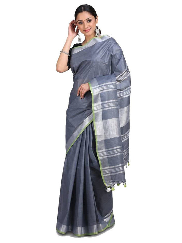 Linen Cotton Blend Contrast Handloom Bhagalpuri Saree (Grey-Parrot_Green)