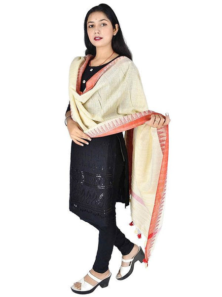 Bhagalpuri Linen Temple Dupatta with Natural Texture (Orange)