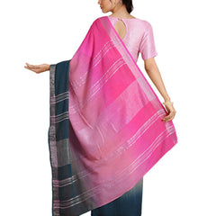 Hot Pink & Cerulean Blue women's Bhagalpuri Handloom Linen Cotton Blend Two Dye Saree With Running Unstitched Blouse Piece - View 2