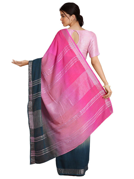 Hot Pink & Cerulean Blue women's Bhagalpuri Handloom Linen Cotton Blend Two Dye Saree With Running Unstitched Blouse Piece - View 2