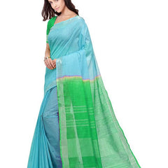 Cyan & Honerdew Green women's Bhagalpuri Handloom Linen Slub Blend Two Dye Saree With Running Unstitched Blouse Piece - View 2