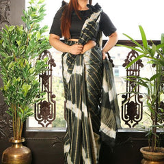 Art Silk Kota Striped Sibory Handloom Two Dye Saree (Black & White)